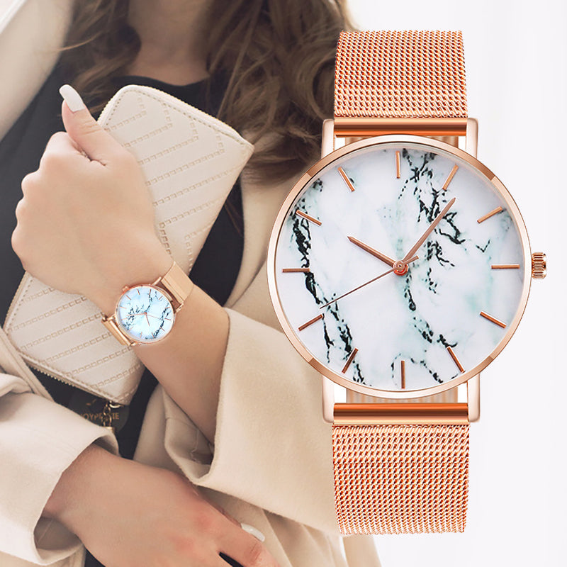 Fashion Rose Gold Mesh Band Creative Marble Female Wrist Watch Luxury Women Quartz Watches Gifts Relogio Feminino Drop Shipping - Mabenir